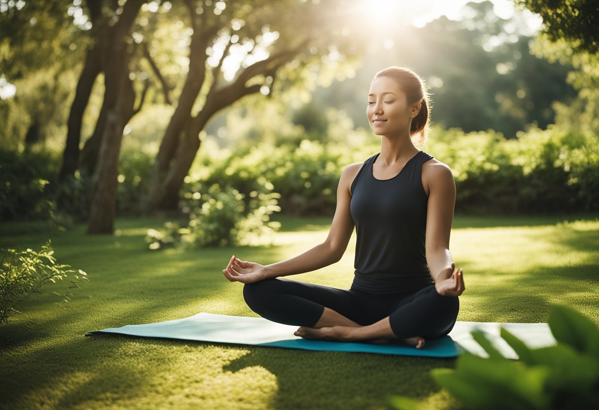 A serene outdoor scene with a person practicing yoga, surrounded by greenery and sunlight, with a calm and peaceful atmosphere