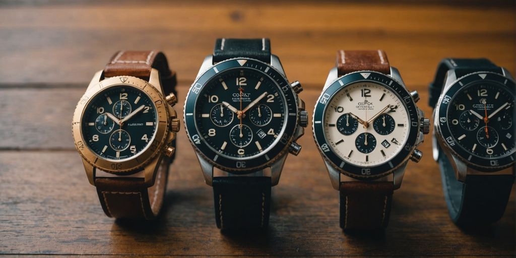 Different casual watches arranged on a wooden table.