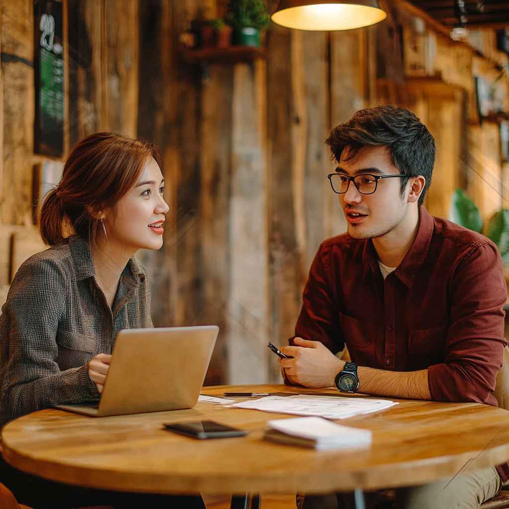 Sales rep and client sitting together at a lounge table, demonstrating empathetic dialogue and relationship-building for deeper customer connections.