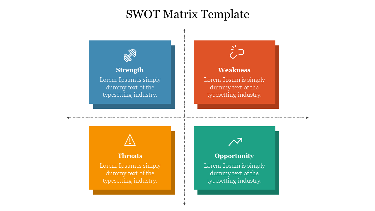 SWOT Matrix Template featuring four quadrants for Strength, Weakness, Opportunity, and Threats with icons, colors, and descriptive text.