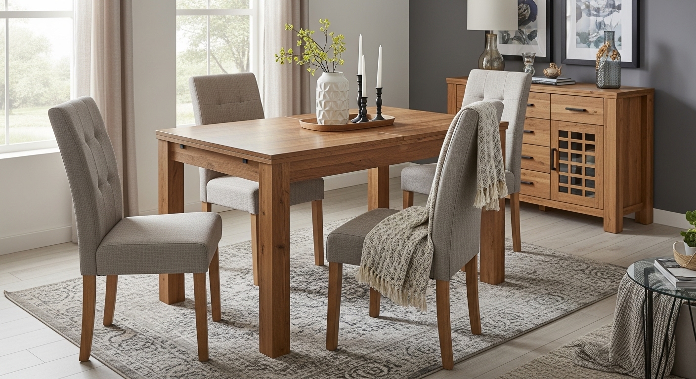 A wooden table with fabric chairs