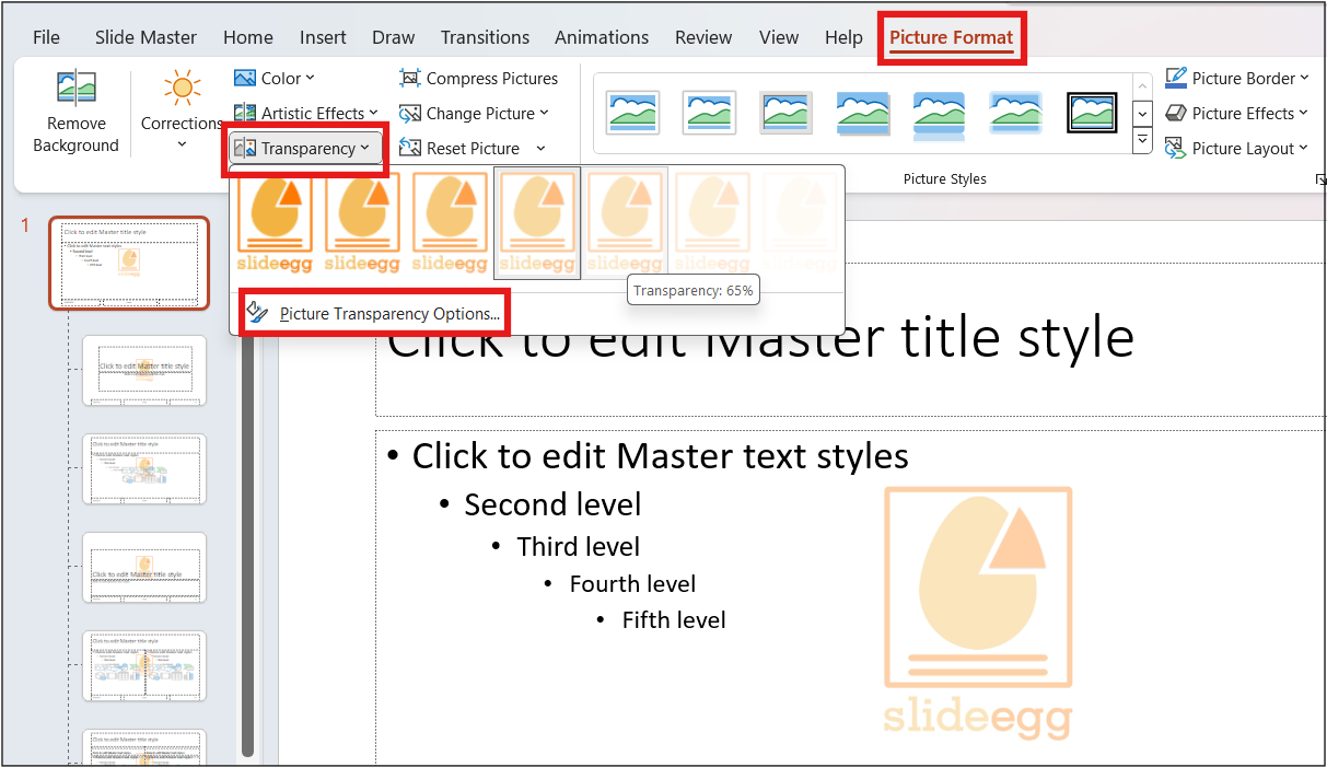 Image Transparency Options under Picture Format menu are highlighted in PowerPoint. Master Slide with an image watermark. 