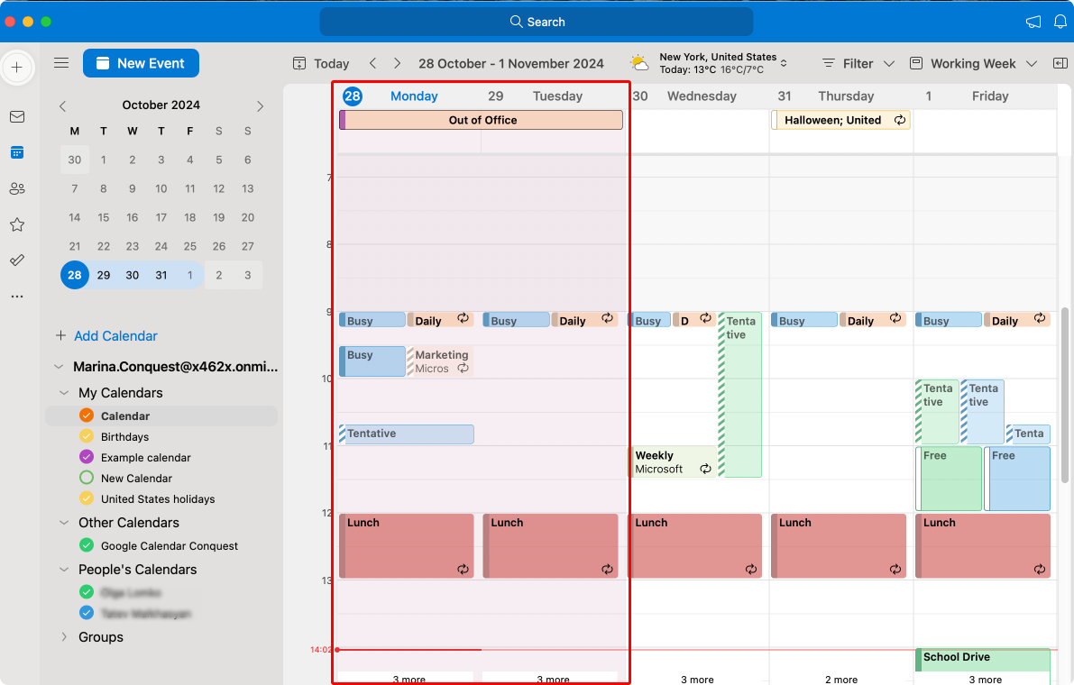 Pic. 2. Navigating to the “Out of the Office” dates in Outlook for Mac. 