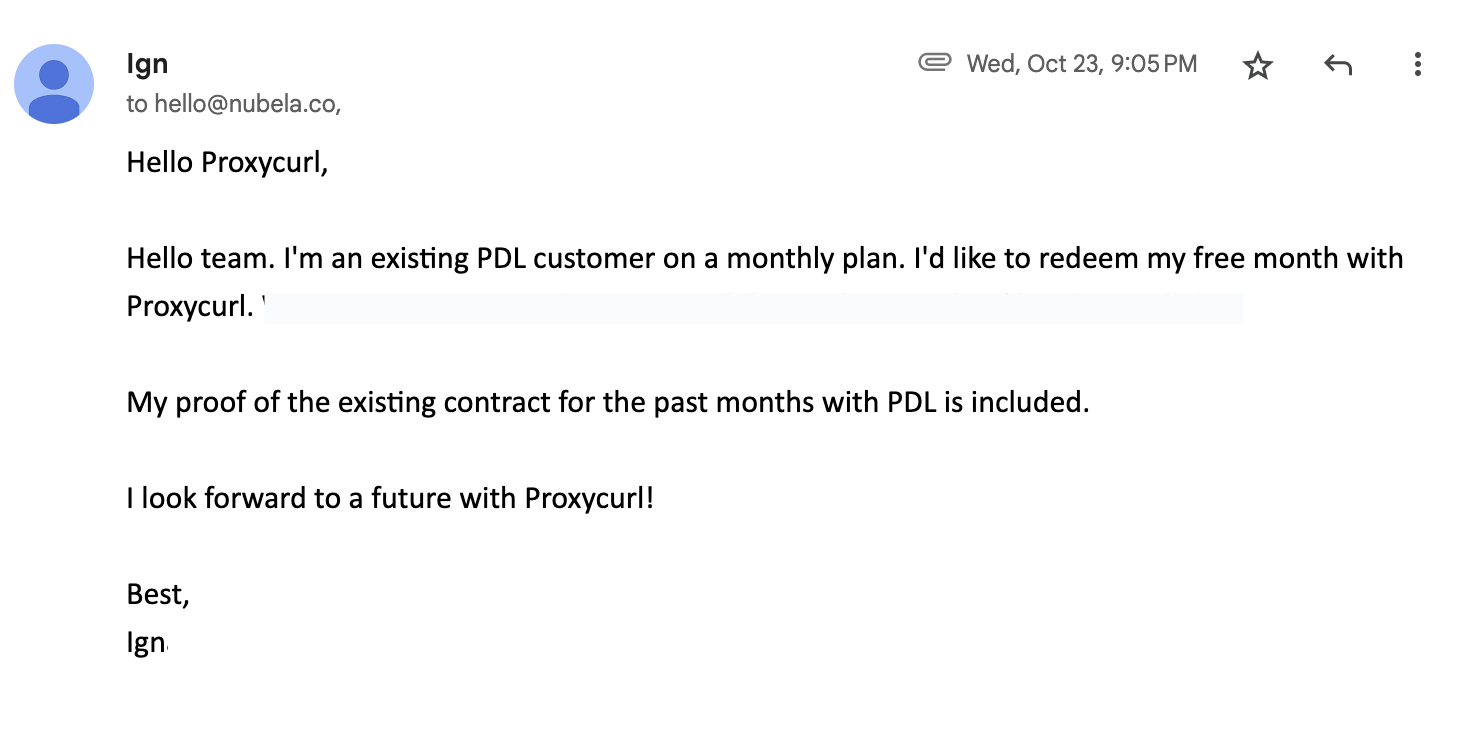 Email from a Proxycurl customer asking about Proxycurl's People Data Labs buy out offer