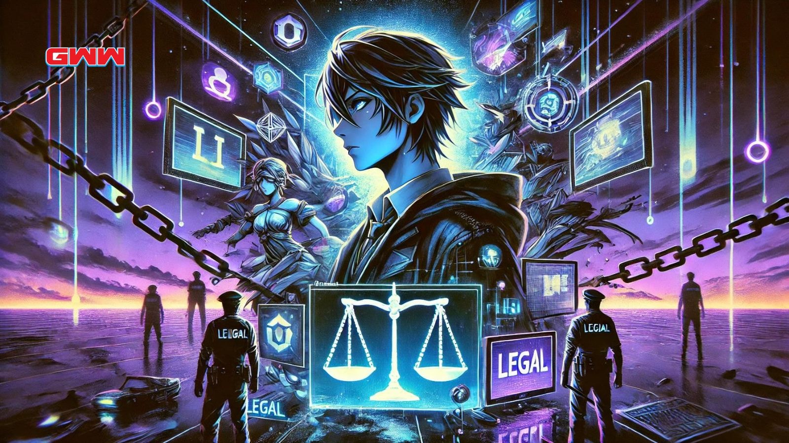 A digital artwork focusing on one central anime character representing the theme of legality in anime streaming.