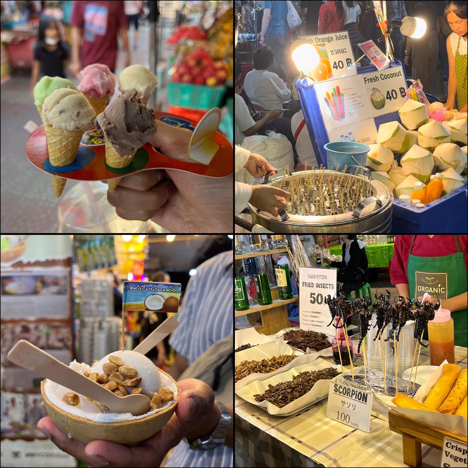 street market with coconut ice cream, insects, and drinks