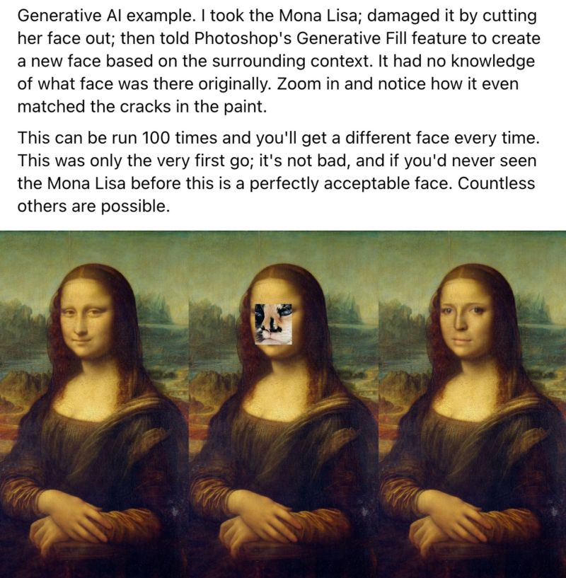 A tweet by someone who recreated the Mona Lisa's face with AI (poorly) and concluded "if you've never seen the Mona Lisa before this is a perfectly acceptable face"