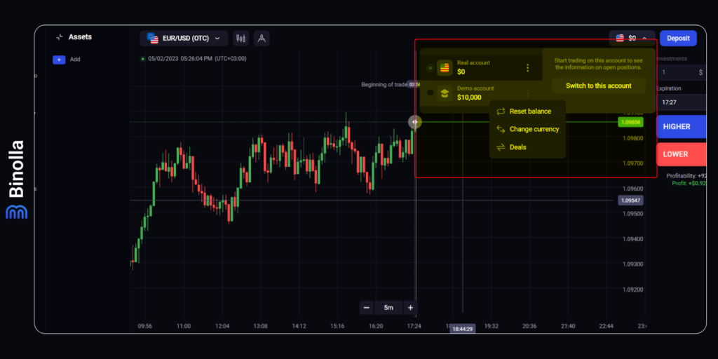 An example of how to switch to a demo account on the Binolla platform