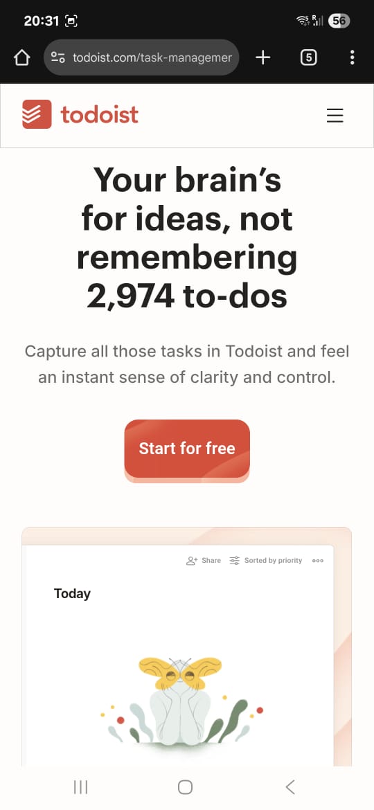 Todoist’s task management page with veritcal layout, showing how it works in hero section