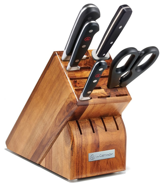 An image showcasing a Wusthof knife block made from high-quality wood, designed to protect and organize knives and tools effectively.