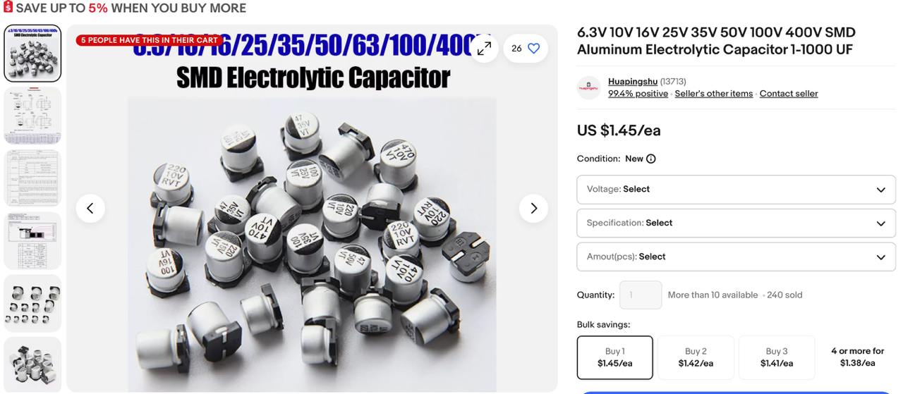 1.6.3V 10V 16V 25V 35V 50V 100V 400V SMD Aluminum Electrolytic Capacitor 1-1000 UF