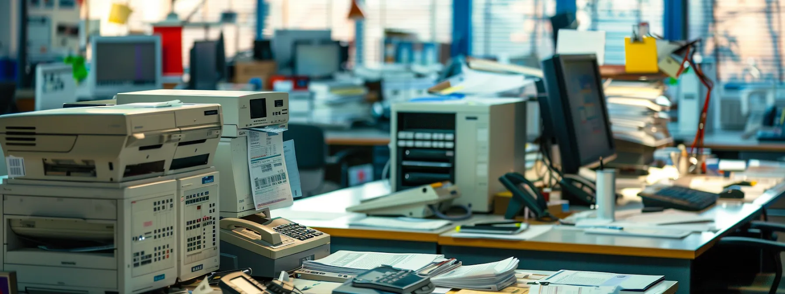 A busy office with several computers, papers strewn across the desk, and a fax machine visible nearby.
