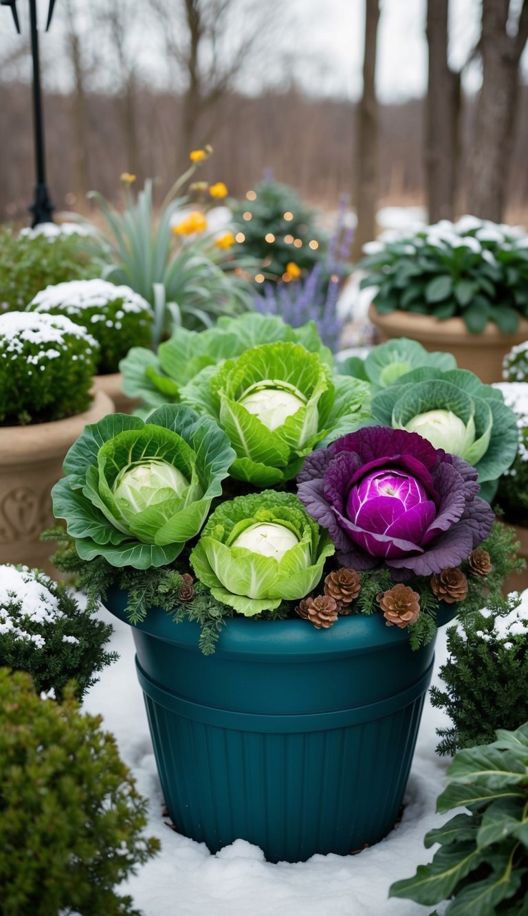 A winter planter filled with vibrant ornamental cabbages and other cold-weather plants, arranged in a decorative display