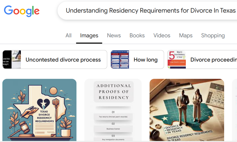 Google search results for "Understanding Residency Requirements for Divorce in Texas," showing various images and links related to the topic.