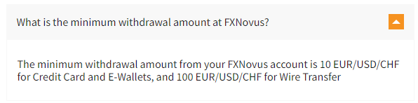 Comprehensive withdrawal information on FXNovus FAQ page