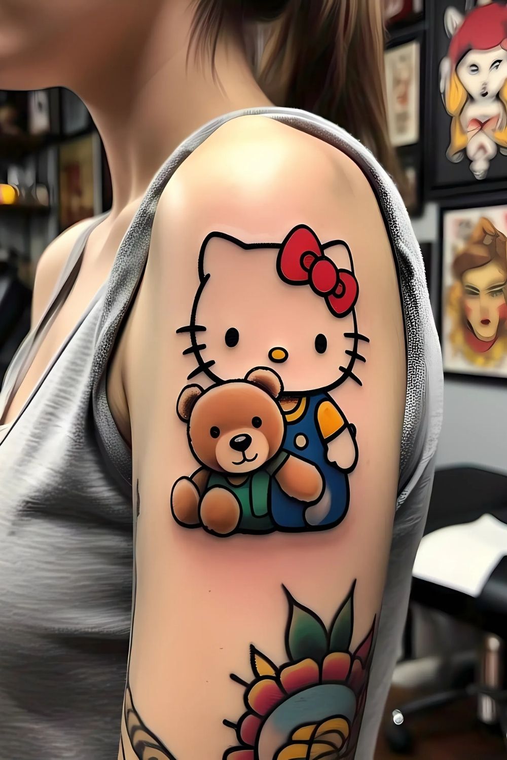 Adorable Hello Kitty and Teddy Bear Tattoo