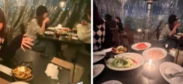 This contains an image of  TWICE Sana at a nearby table