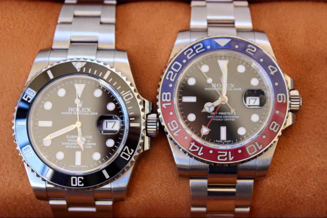Comparison of Cyclops lens magnification on two Rolex models, illustrating a key physical sign of authenticity for pre-owned luxury watches