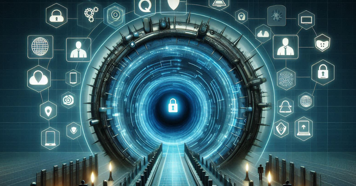 The image is a digital representation of cybersecurity, featuring a blue tunnel and a central padlock icon, symbolizing data protection.