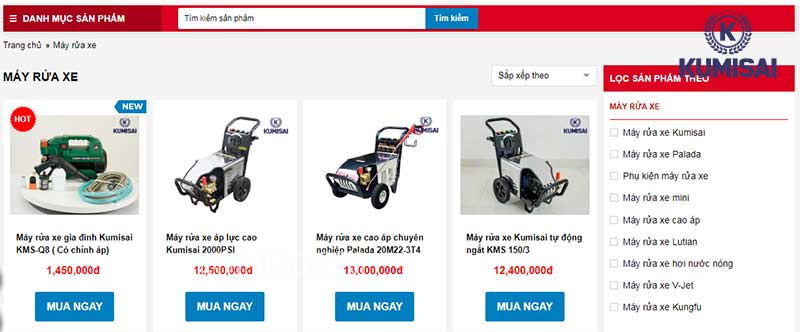 Danh mục máy rửa xe đa dạng trên site Kumisai.vn