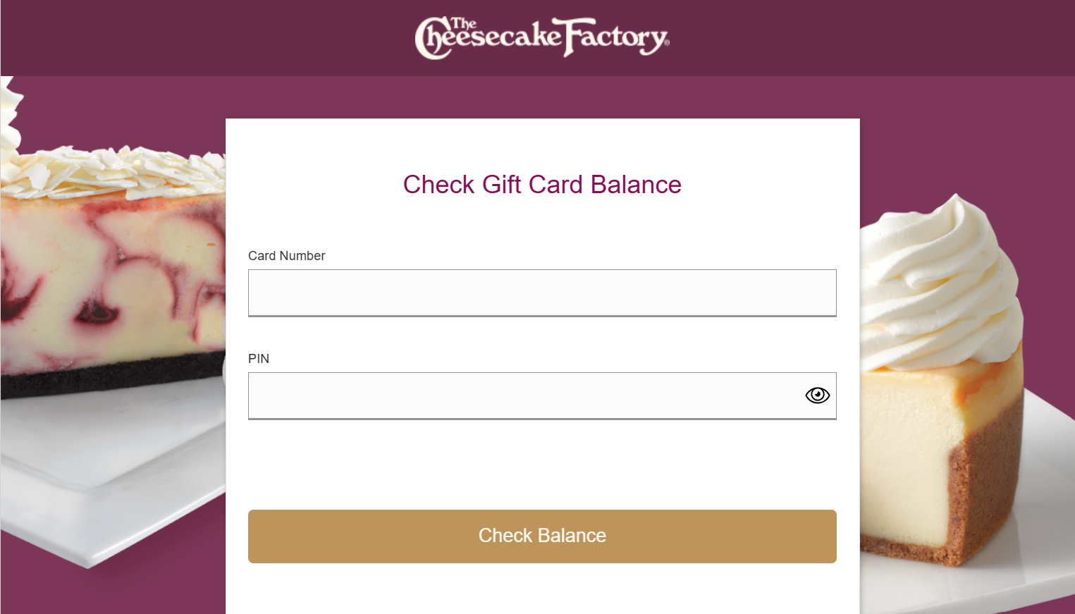 A user viewing their Cheesecake Factory gift card balance on the website, showing the balance amount and card management options on screen.