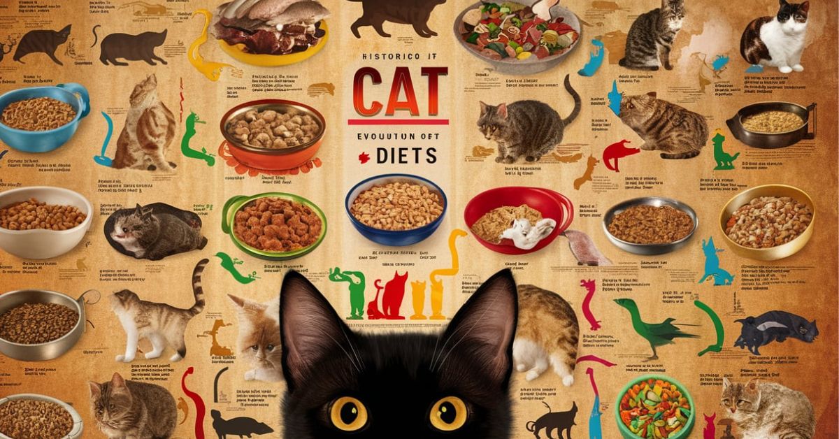 A poster showcasing various cat food options and recipes, highlighting the "Evolution of Cat Diets" for feline nutrition.
