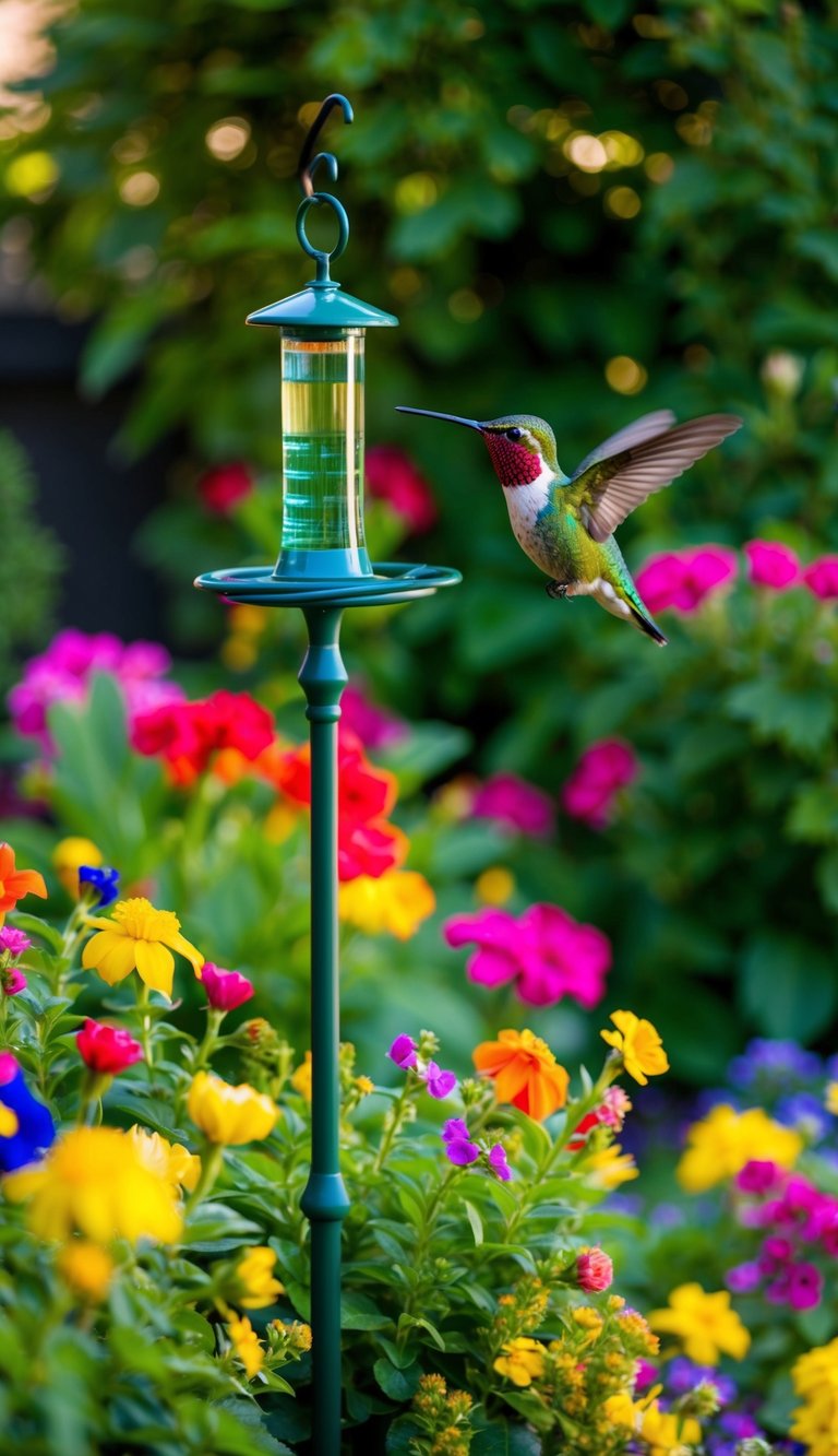 A lush corner garden with a vibrant hummingbird feeder surrounded by colorful flowers and lush greenery