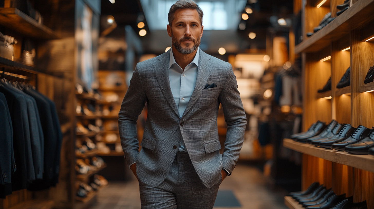 A stylish man walks through an upscale boutique, his sharp gray suit exuding confidence. In the background, a well-lit display case showcases a lineup of black dress shoes, each pair gleaming under soft lighting.