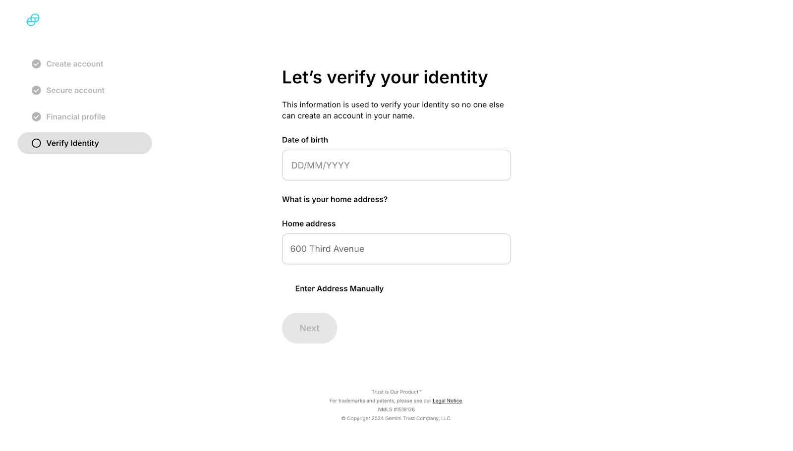 Part of the Gemini know-your-customer (KYC) process.