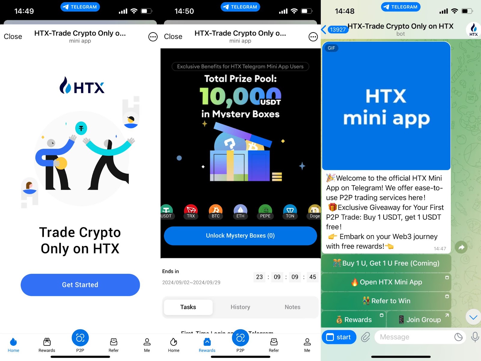 übersetze den Title auf deutsch HTX Pioneering P2P Crypto Trading on Telegram with New Mini App,Enjoy Exclusive Perks and Rewards for a Limited Time