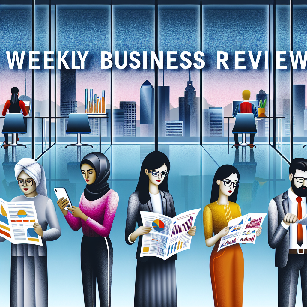 A stylized illustration of professionals holding charts and devices in a modern office environment, with the text 'Weekly Business Review' displayed prominently in the background.