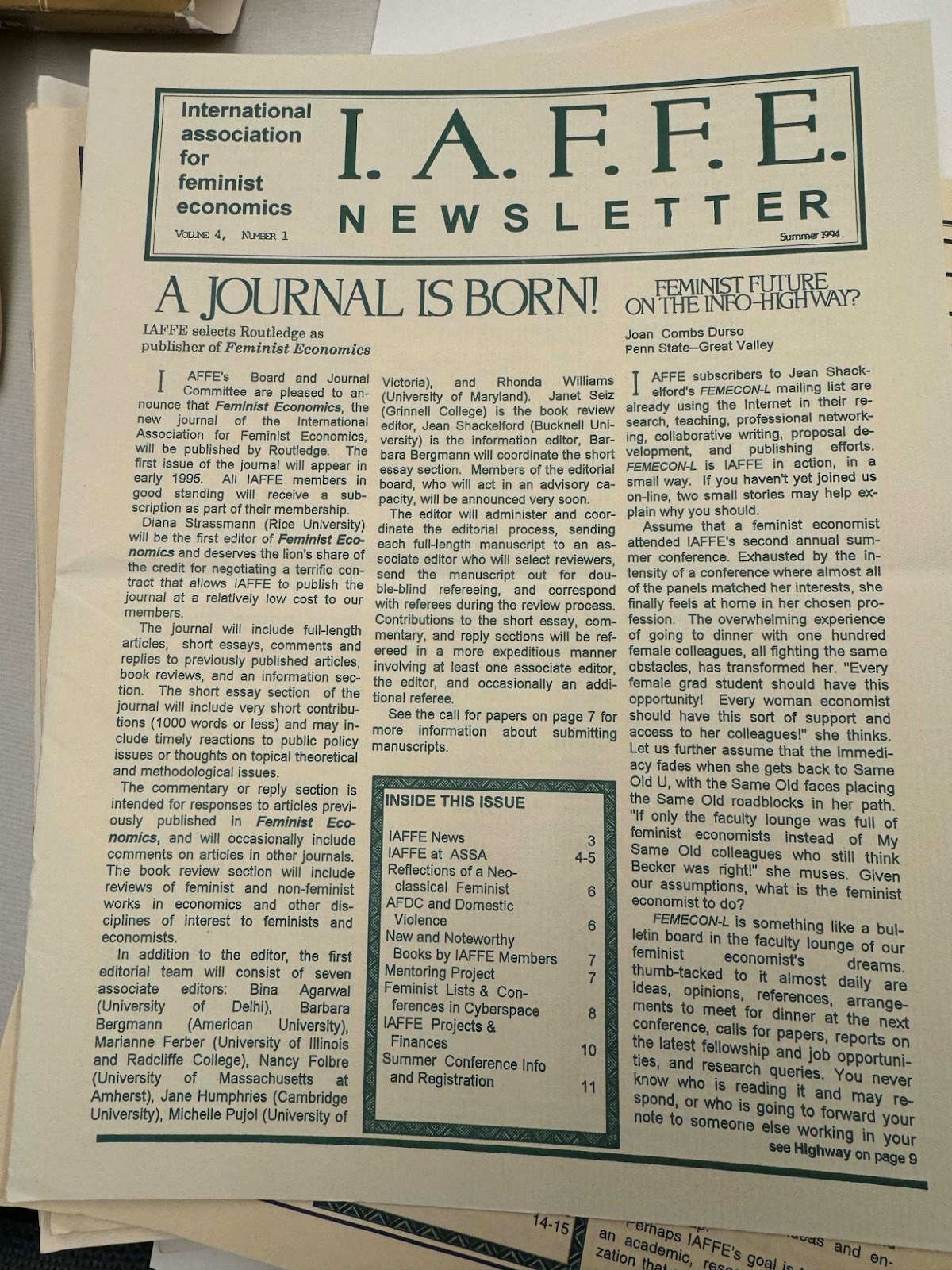 A newsletter from Summer 1994 announcing the Journal!
