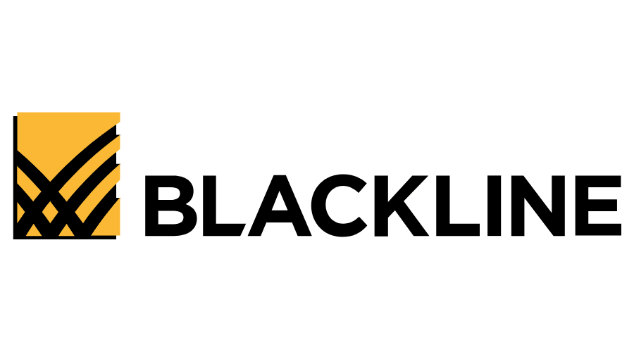 Logo of BlackLine, featuring bold black text paired with a distinctive orange square with intersecting black lines, symbolizing precision and connectivity.