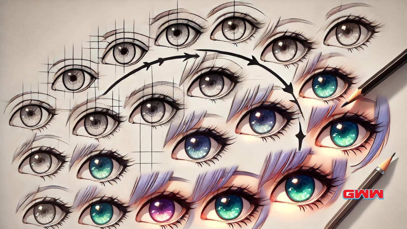 Step-by-step illustration of anime eyes, showcasing different stages of drawing.