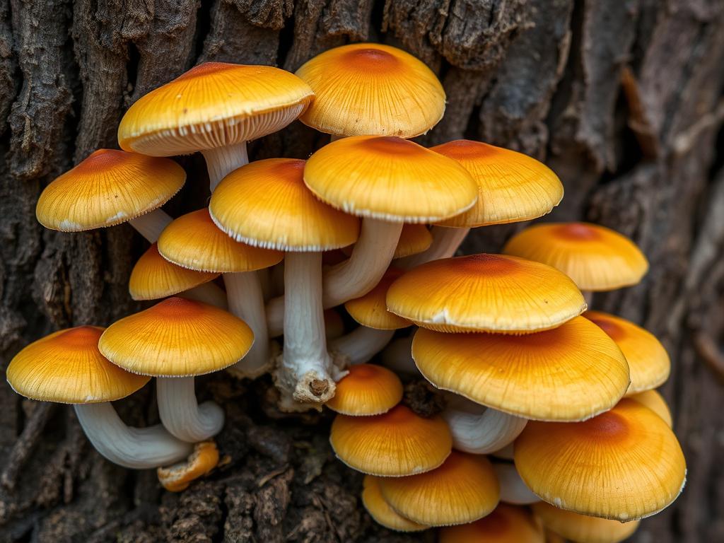Honey mushrooms (Armillaria ostoyae) growing from tree trunk in Malheur National Forest