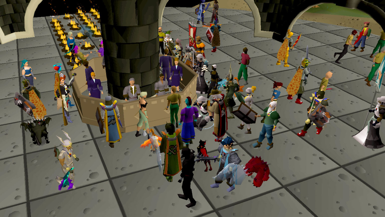 Screenshot of Old School RuneScape gameplay depicting one of the game’s busiest areas