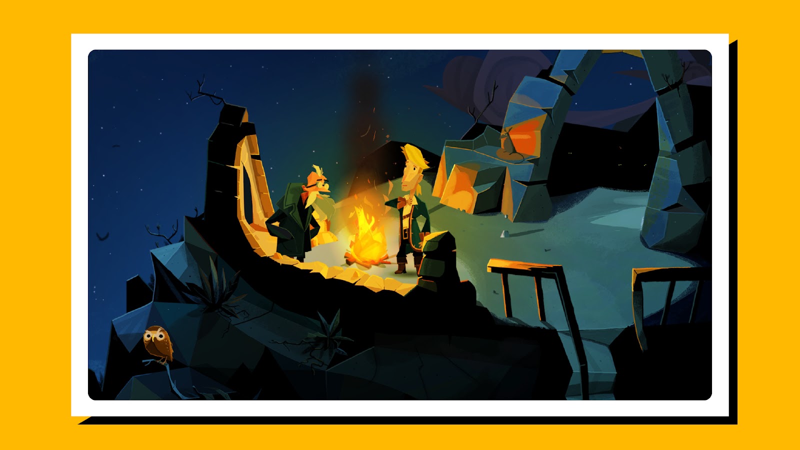 Characters in Return to Monkey Island around a bonfire during the night