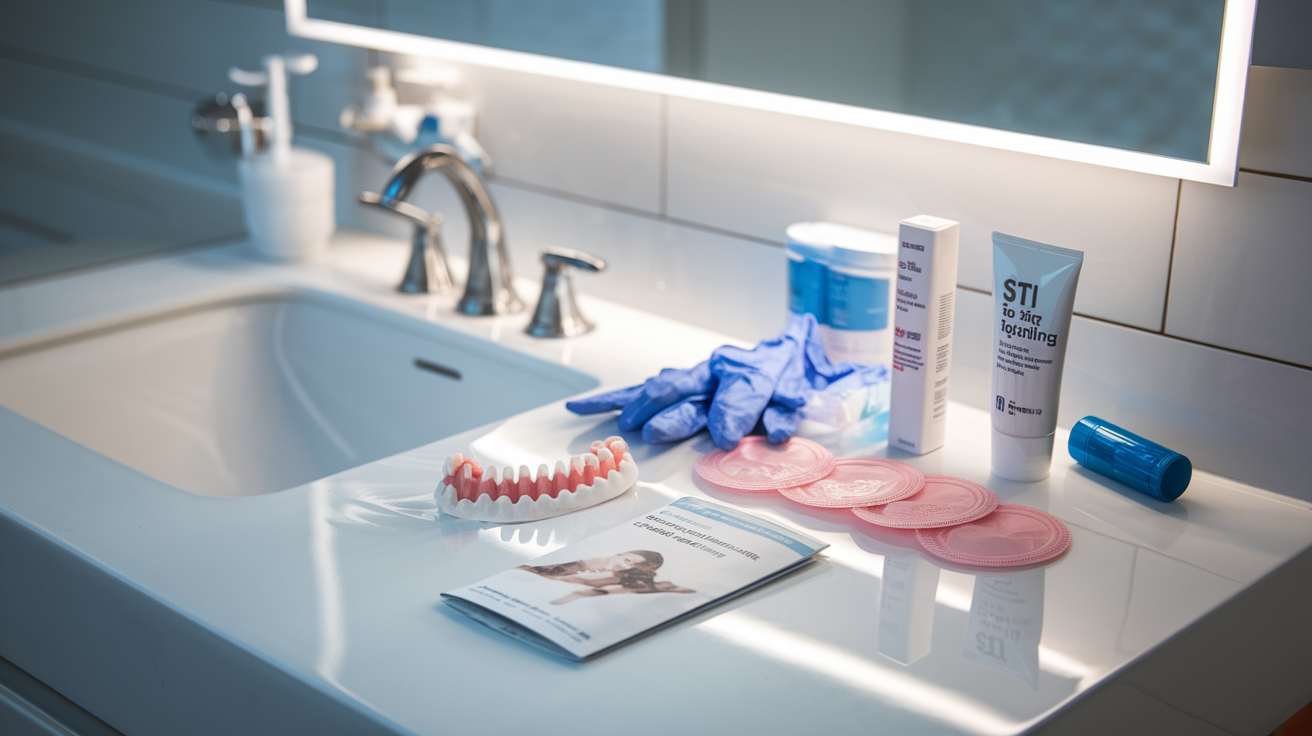 Create a realistic image of a diverse collection of sexual health protection items arranged on a modern bathroom counter, including dental dams, latex gloves, condoms, and a tube of lubricant, alongside a small pamphlet about STI testing, all arranged in a clean, bright setting with soft bathroom lighting creating a responsible and educational atmosphere.