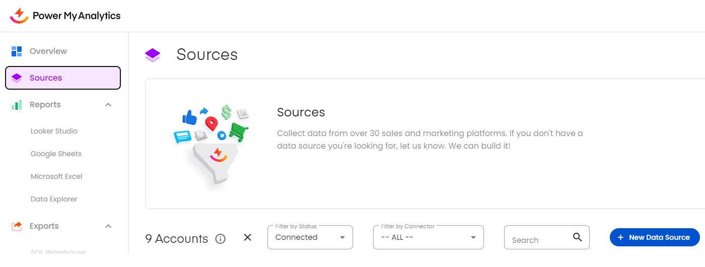 The Sources tab within the Power My Analytics UI. 