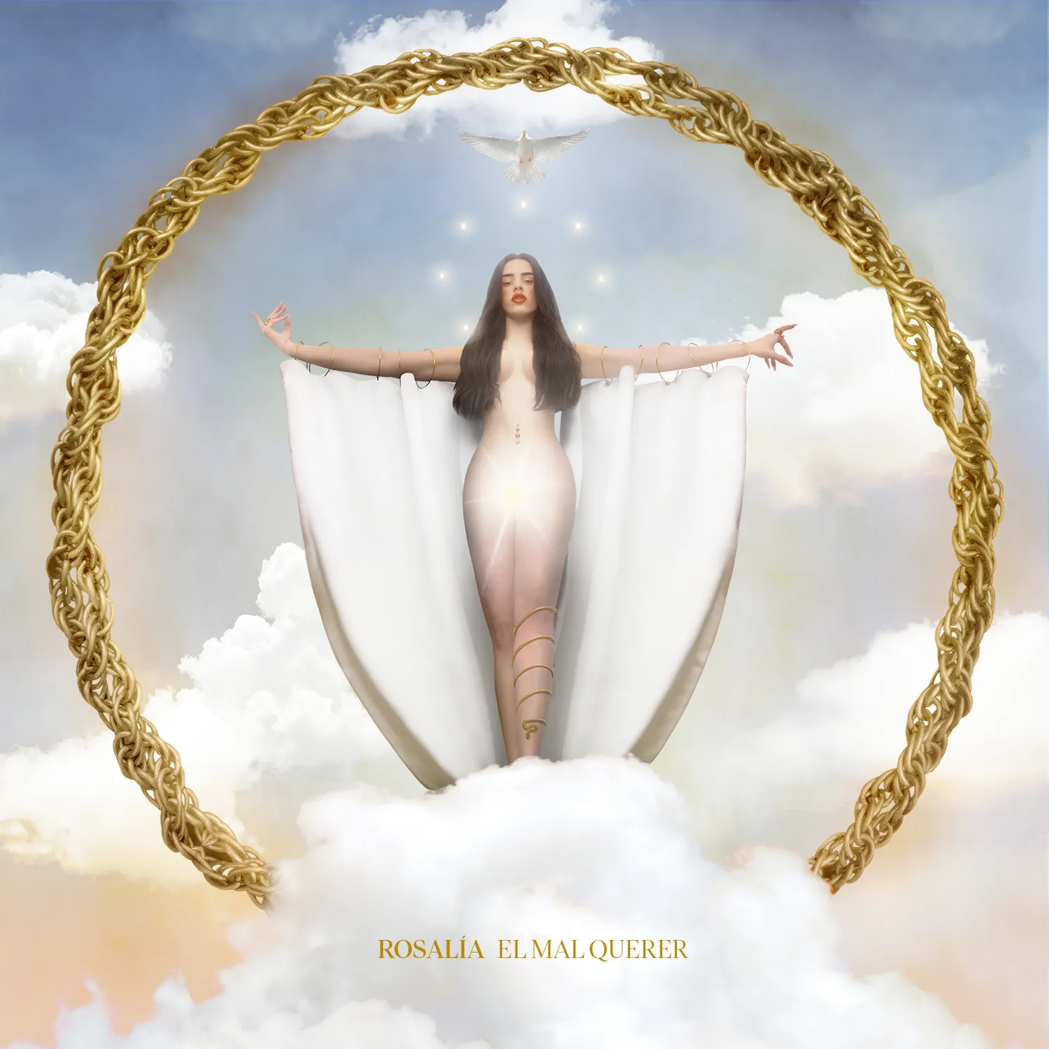 Rosalía's 'El Mal Querer' album cover featuring the artist standing on clouds, draped in white, with outstretched arms framed by a golden braided halo and a dove above her.