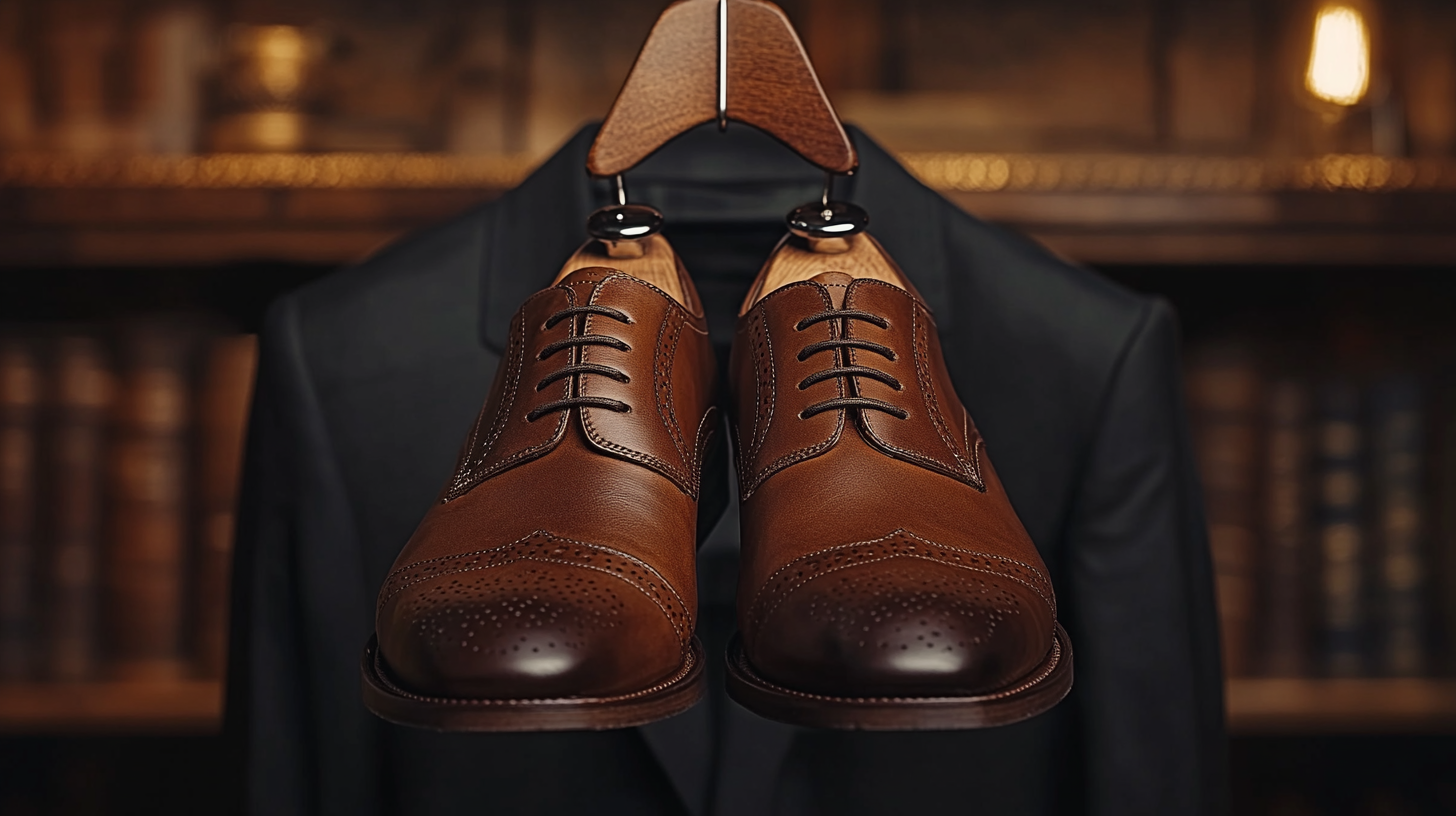 A pair of rich brown dress shoes placed below a black suit jacket on a hanger. The warm contrast of the brown leather complements the dark suit, perfect for business and semi-formal settings. Soft lighting highlights the elegant textures. Ultra-detailed, 8K resolution.