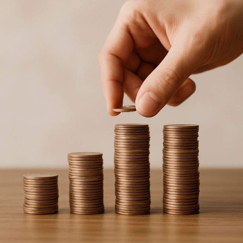 Tay đặt đồng tiền lên chồng tiền tăng dần qua từng mốc