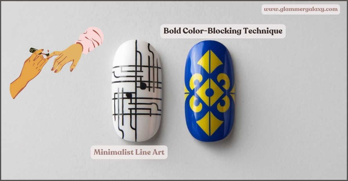 Two painted eggs with geometric designs, one with music notes, other with blue and yellow patterns.