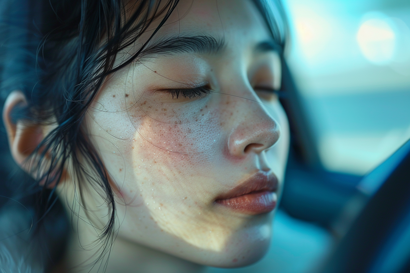 A woman sitting in a car with her eyes closed | Source: Midjourney