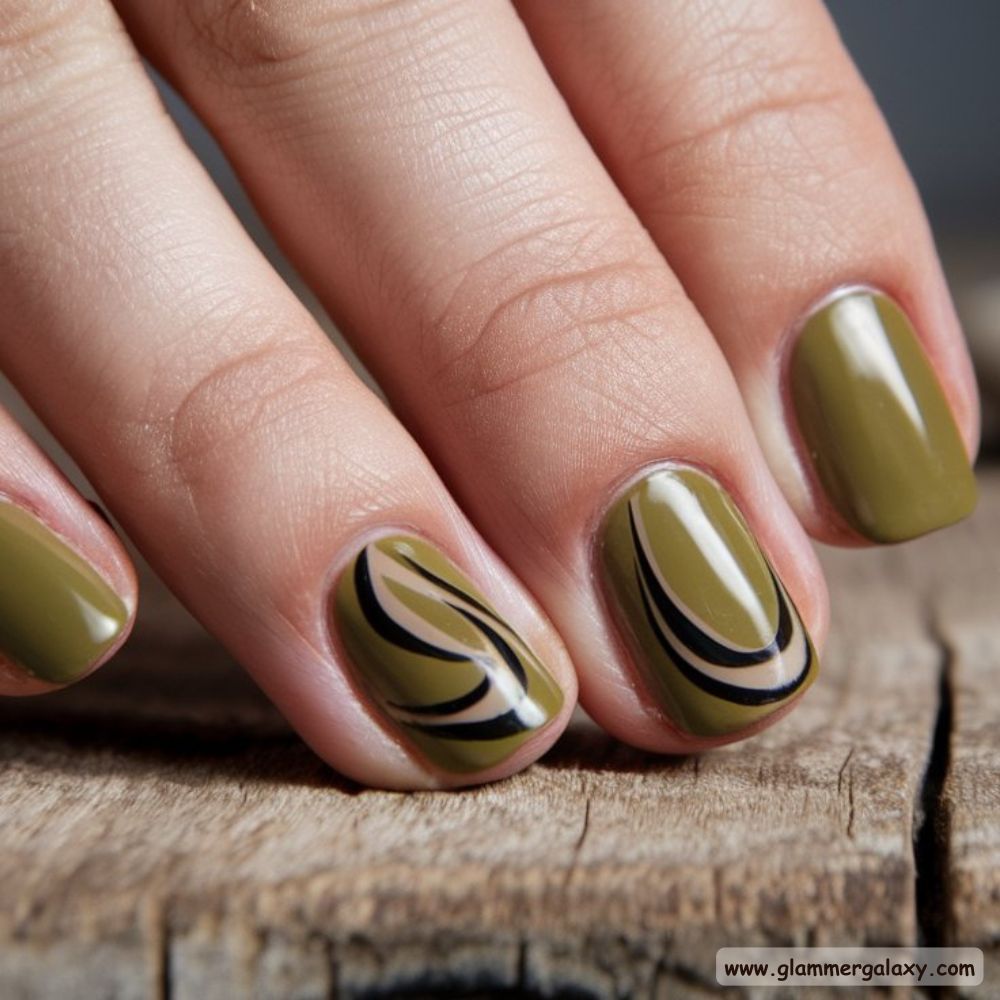 Olive green nails with Swirl Design with Olive Green Tones