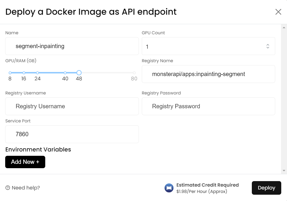 Configure parameters for docker image deployment