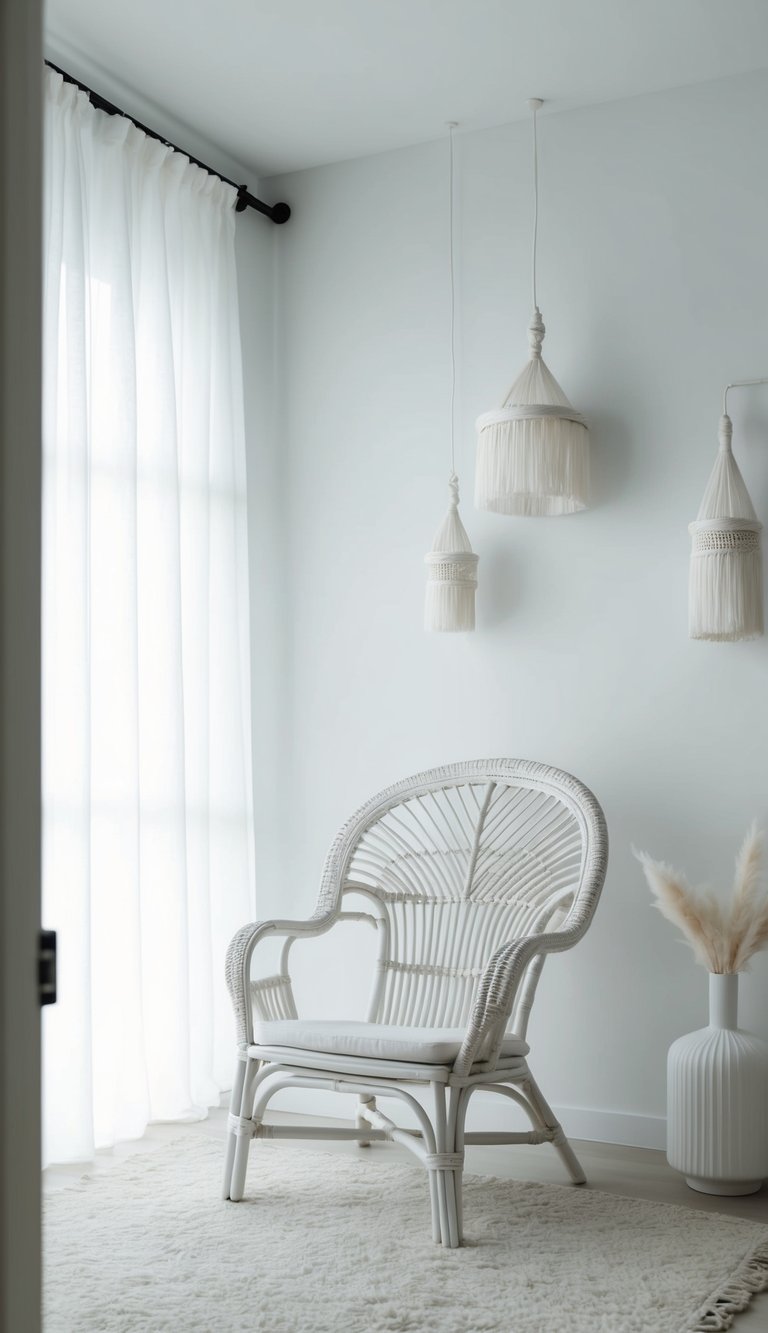 A white washed rattan chair sits in a serene, minimalist bedroom with 24 white decor elements