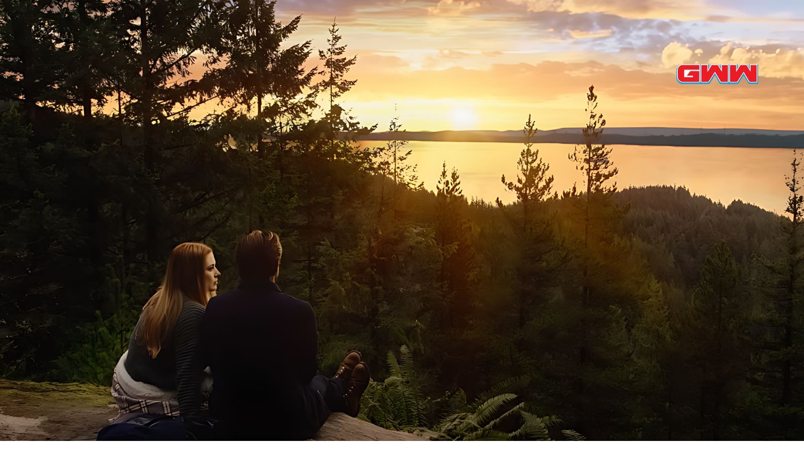 Alexandra Breckenridge and Martin Henderson watching sunset in Virgin River