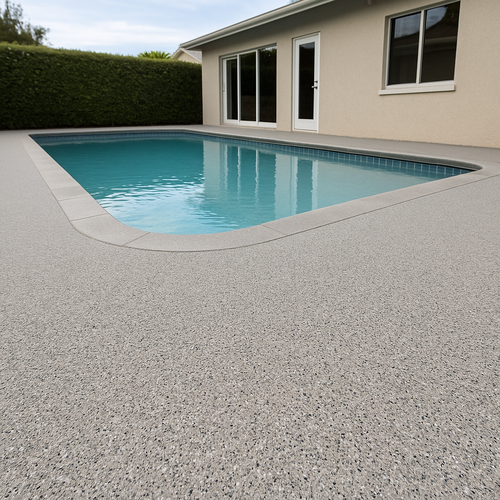 Quartz broadcast epoxy flooring installed around outdoor pool deck with slip-resistant surface for Midwest freeze-thaw durability